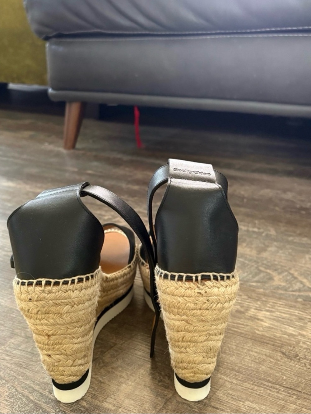 See by Chloé Black Leather Espadrille Wedge Sandals - Picture 3 of 3